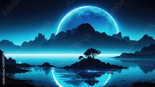 Neon Blue Light Reflected in Dark Water Background