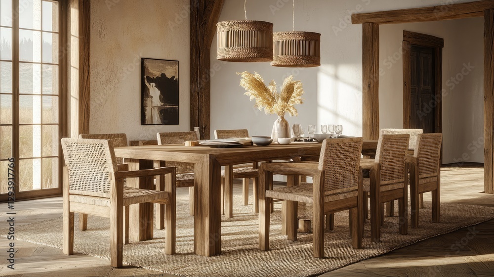 A spacious dining room with a solid wood table and woven chairs. A spacious dining room with a solid wood table and woven chairs.