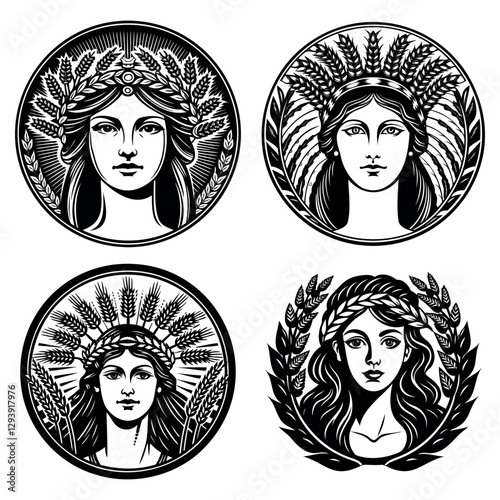 
set of icons, portraits of girls in wreaths of wheat ears
