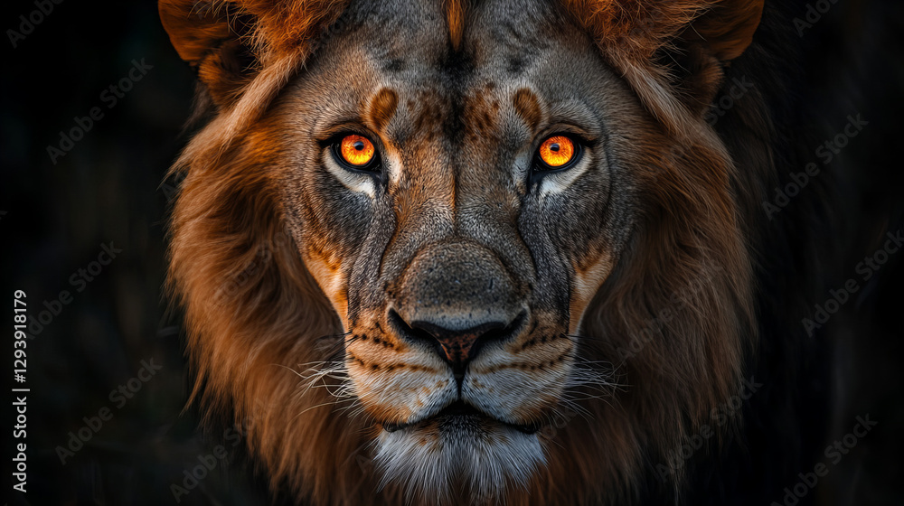Majestic male lion portrait with intense amber eyes and thick mane against a dramatic black background, perfect for wildlife and conservation themes
Majestic male lion portrait with intense amber eyes and thick mane against a dramatic black background, perfect for wildlife and conservation themes