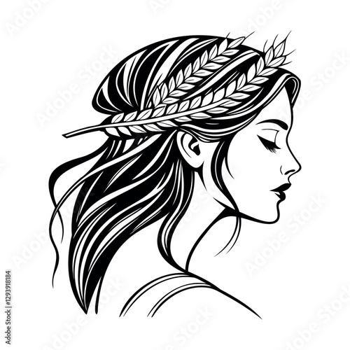
black contour vector portrait of a girl with spikelets
