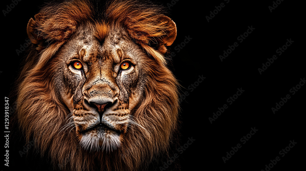 Fototapeta premium Majestic male lion portrait with intense amber eyes and thick mane against a dramatic black background, perfect for wildlife and conservation themes