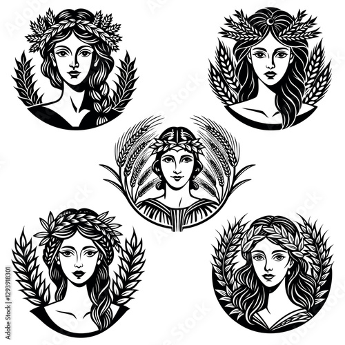
set of icons, portraits of girls in wreaths of wheat ears
