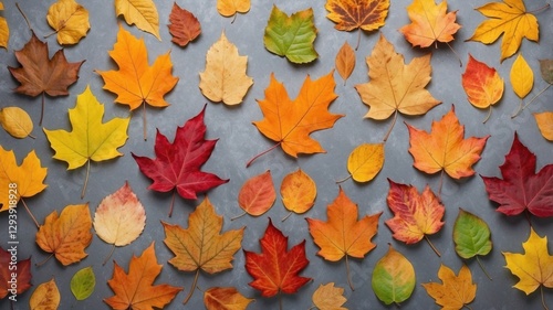 Colorful Autumn Leaves Scattered on Cement Floor Background