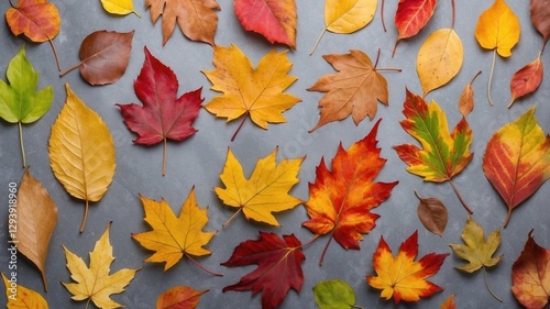 Colorful Autumn Leaves Scattered on Cement Floor Background