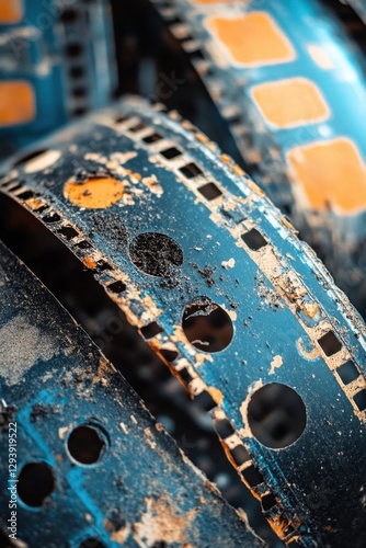 Close up of Old Worn and Damaged Film Reel Strips with Holes and Marks Showing Wear and Tear Details with a Vintage Style