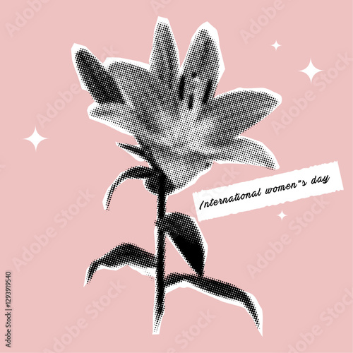 Flower halftone collage element,vintage punk dotted flower in bloom with stem for 8 march celebration banner,poster