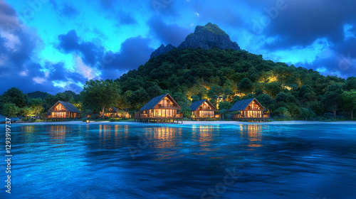 Island at night with wooden cabins illuminated by moonlight
