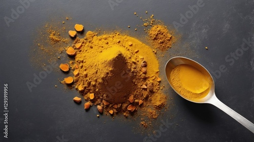 Turmeric Powder Poured into Wooden Spoon on Table