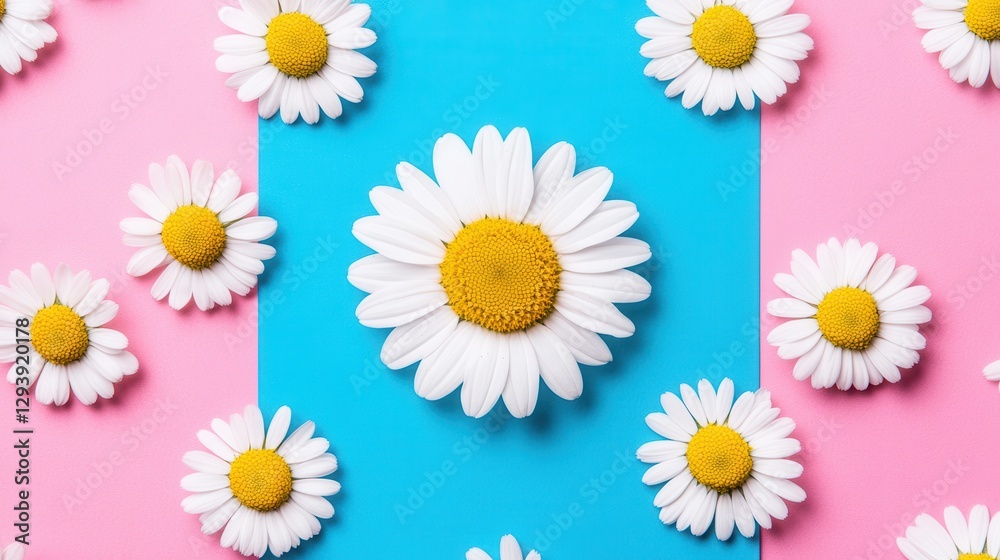 Obraz premium Colorful daisies arranged on vibrant blue and pink backgrounds, cheerful display