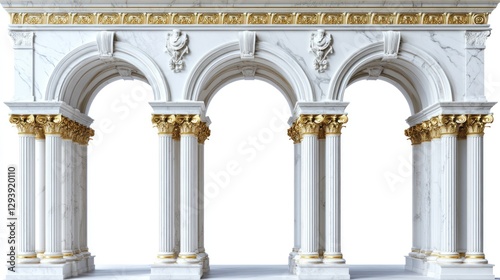 Marble archway, classical columns, gold accents, white background, architectural design