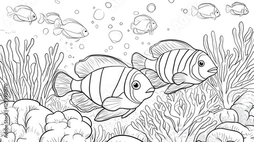 Wallpaper Mural Fish Swimming in Coral Reef Ocean Scene Coloring Page Outline Torontodigital.ca