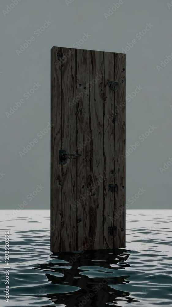 A wooden door rises from calm water, evoking a surreal atmosphere. The dull sky contributes to the enigmatic feel, inviting viewers to ponder its meaning. A wooden door rises from calm water, evoking a surreal atmosphere. The dull sky contributes to the enigmatic feel, inviting viewers to ponder its meaning.