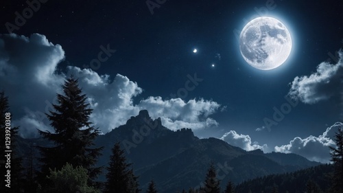 Full Moon Over Quiet Wooded Mountain Range at Night