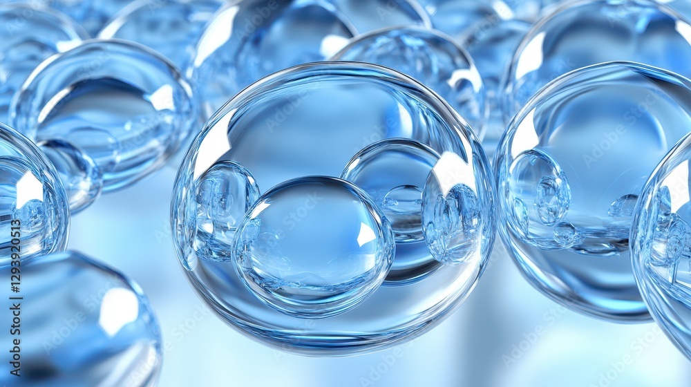 Blue water droplets reflecting light on a smooth surface, serene atmosphere Blue water droplets reflecting light on a smooth surface, serene atmosphere