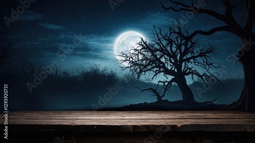 Empty Wooden Table with Full Moon and Dark Forest
