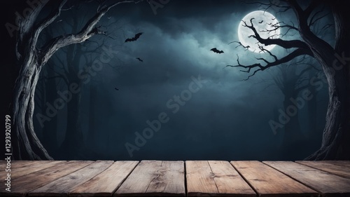 Empty Wooden Table with Full Moon and Dark Forest