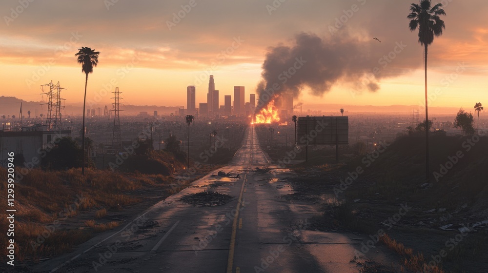 Fototapeta premium A dark, ominous road leads to a distant city skyline with smoke rising into the sky under a dramatic sunset, evoking a dystopian atmosphere
