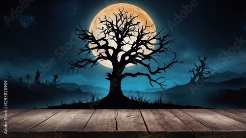 Empty Wooden Table with Full Moon and Dark Forest