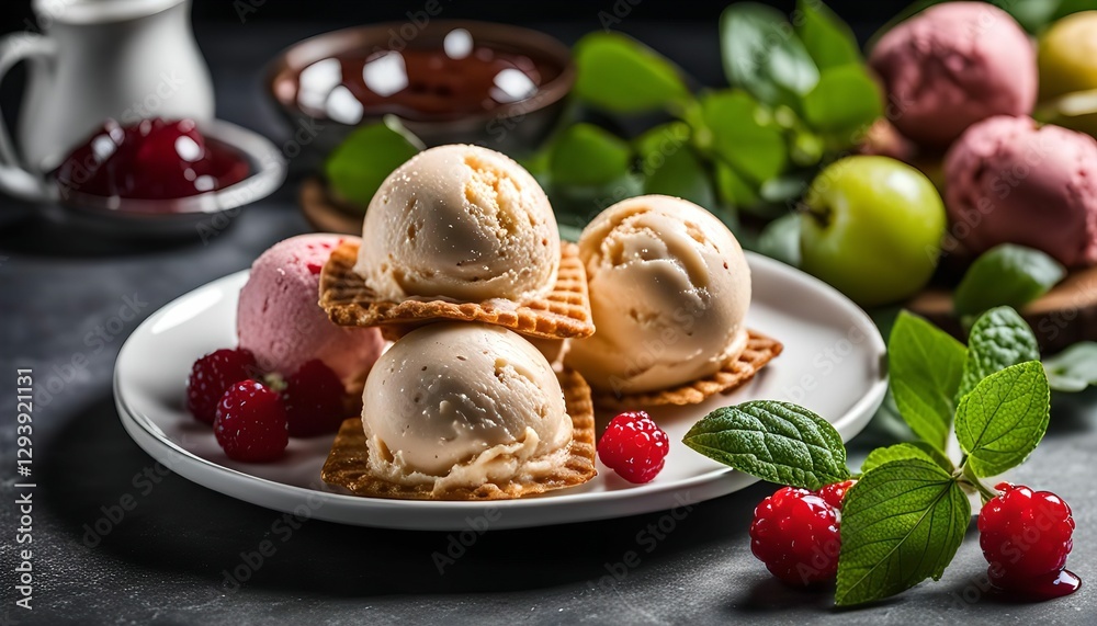 Delicious Ice Cream with Raspberry Topping Delicious Ice Cream with Raspberry Topping