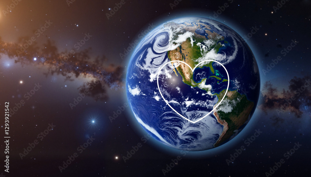 Obraz premium Earth with heart symbol in outer space, cosmic love and unity