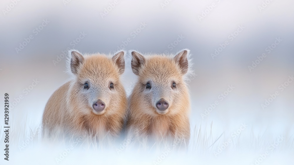 Fototapeta premium Two Golden Piglets in Snowy Field