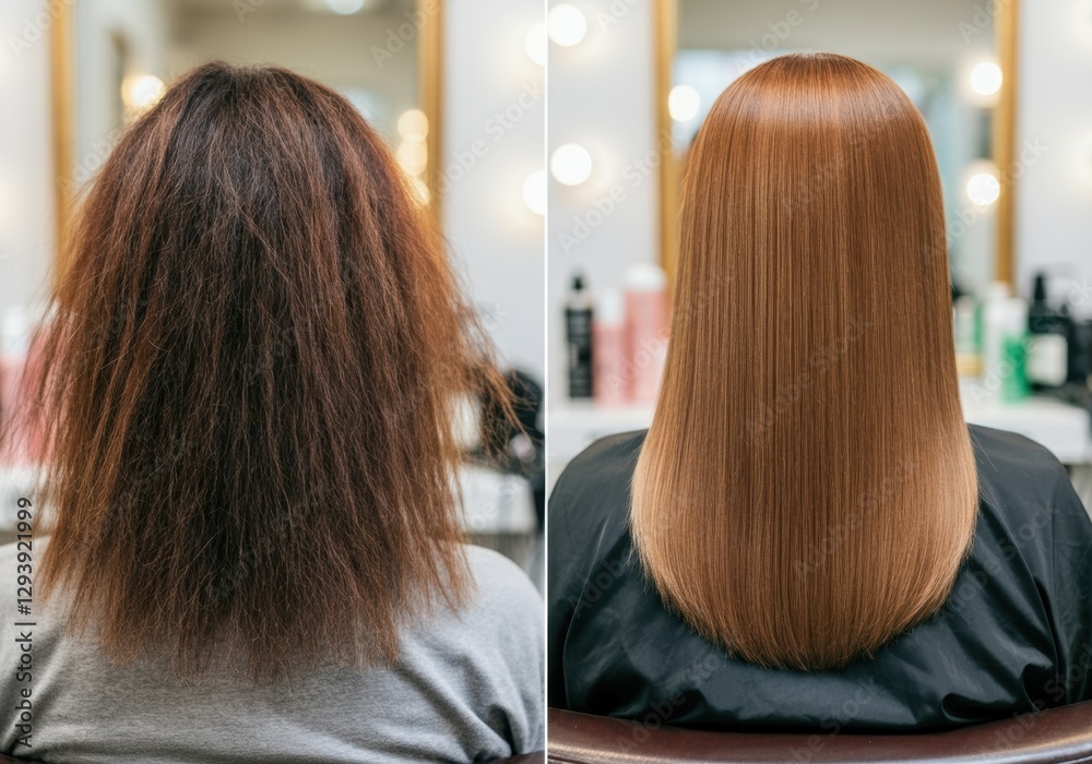 Fototapeta premium Before and after hair transformation showcasing sleek, straight hair
