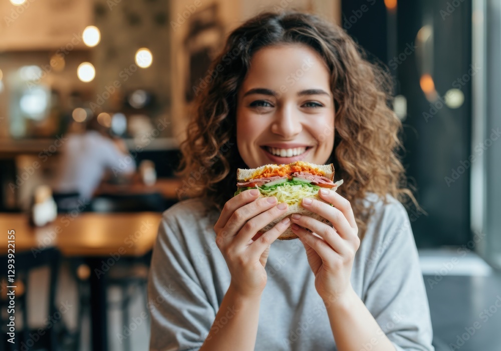 Smiling woman holding a delicious sandwich in a cozy café setting Smiling woman holding a delicious sandwich in a cozy café setting