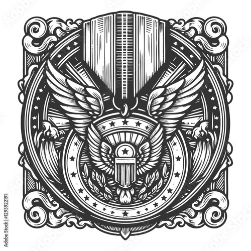 Eagle Emblem with Swords and Star vector