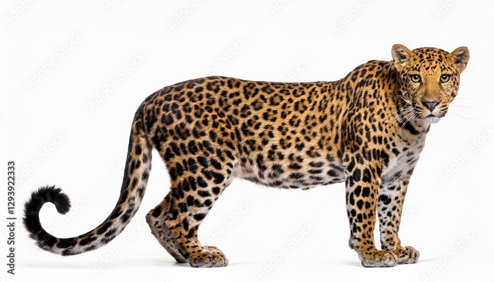 Obraz premium Vigilant Spotted Leopard Stands Proud Against a Crisp White Backdrop, Majestic and Regal, Emanating Wilderness Charm