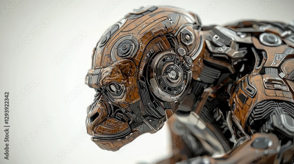 A detailed image of a robotic ape with mechanical parts A detailed image of a robotic ape with mechanical parts
