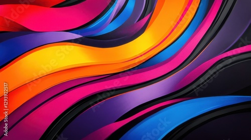 A colorful, abstract painting with a black background. The colors are bright and bold, creating a sense of energy and movement