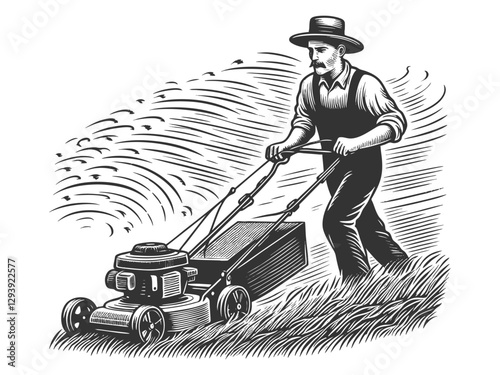Man Mowing Lawn with Push Mower vector