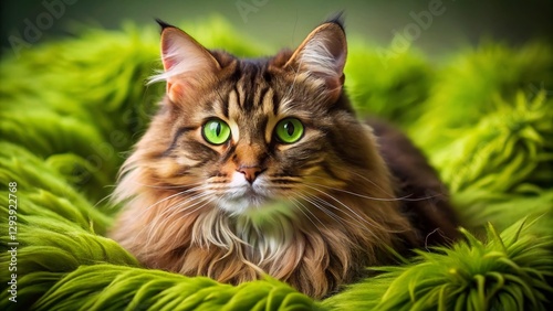 Fluffy Green-Eyed Cat Relaxing on Green Bed - Stylish Pet Photography