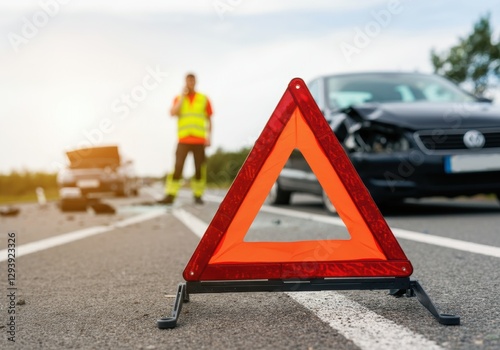 Emergency warning triangle on the road after a car accident