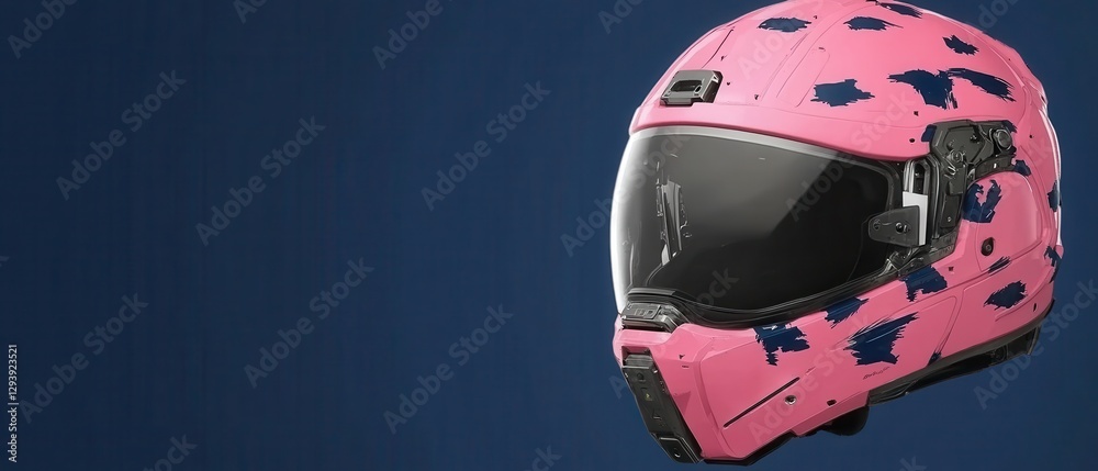 Fototapeta premium Vibrant pink helmet with polka dots on a dark background, playful design