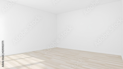 Empty White Room with Light Wood Flooring, Natural Light from Window, Clean Interior Space, Blank Canvas, Potential for Design, Architecture Photography, Real Estate Concept