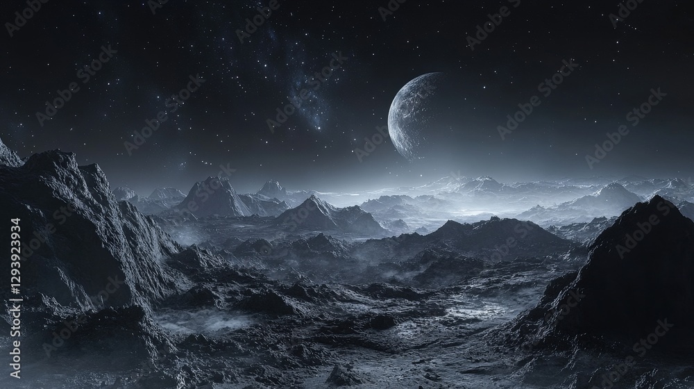 Fototapeta premium A captivating black and white vista of the Moon's rugged terrain, with rolling mountains under a star-filled sky, beside an endless sea-like horizon