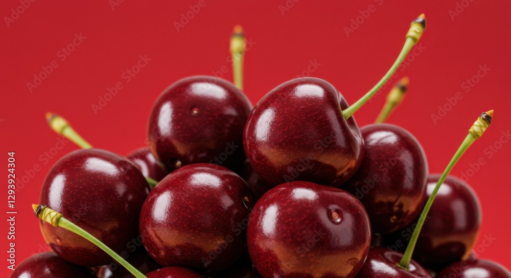 Pile of Dark Red Cherries on Red Background | Fresh Summer Fruit for Healthy Eating and Ingredient Stock Photography Pile of Dark Red Cherries on Red Background | Fresh Summer Fruit for Healthy Eating and Ingredient Stock Photography