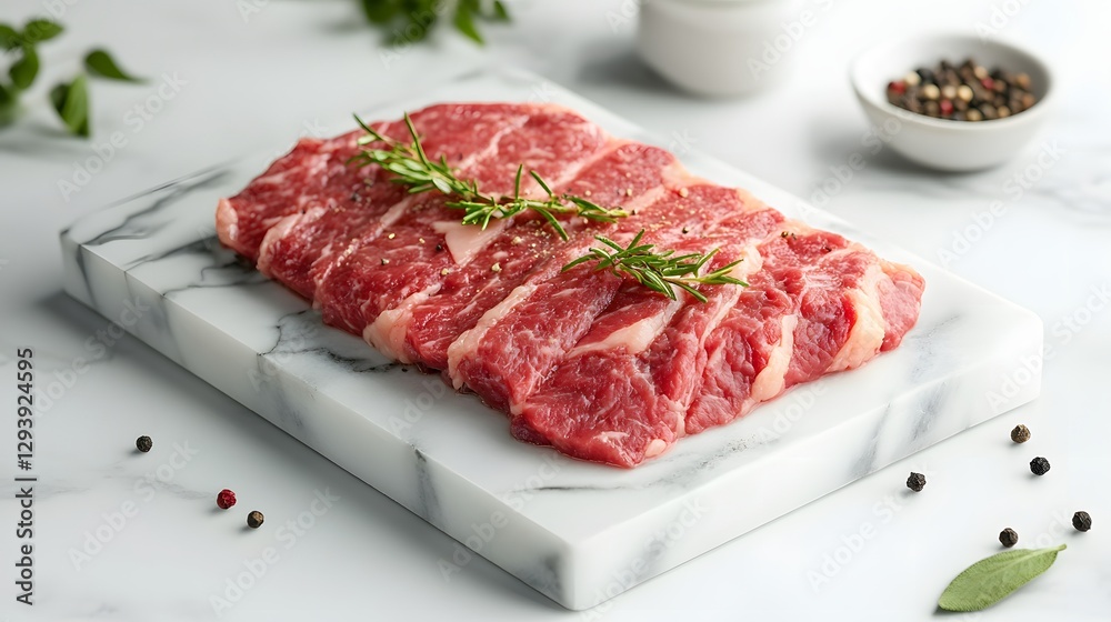 Fototapeta premium Fresh raw beef steak garnished with rosemary on marble