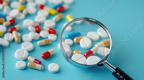 Skyrocketing Drug Prices. Magnifying glass reveals colorful pills on a blue background.