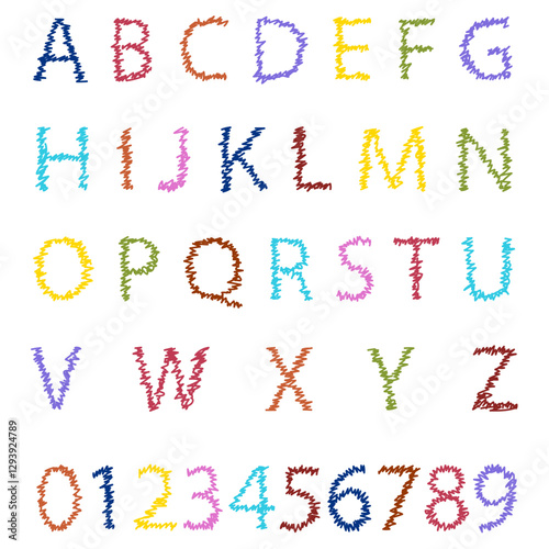 Colors font alphabet letters. Crayon kids font, doodle funny playful alphabet, hand drawn letters and numbers. Vector illustration