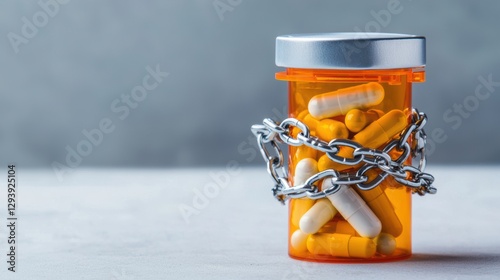 Skyrocketing Drug Prices. Prescription bottle secured with a chain, symbolizing drug safety and prevention of misuse.
