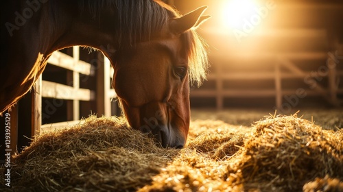 Brown horse grazing hay in sunlit stable during sunset