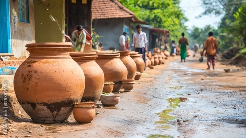 Villagers collecting rainwater in large clay pots, side copy space photo