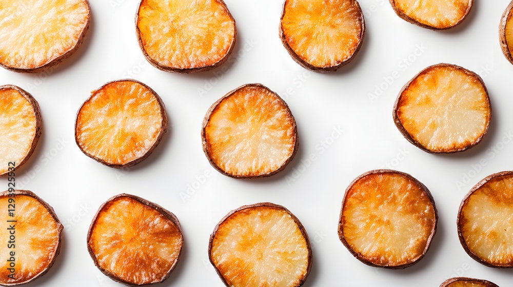 Sliced cooked potatoes are arranged in a pattern on white Sliced cooked potatoes are arranged in a pattern on white
