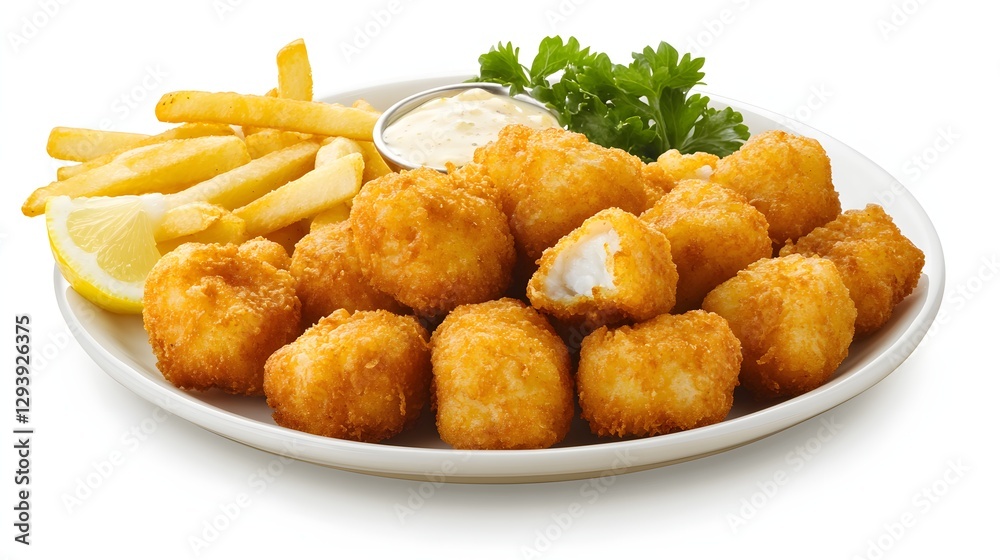 Breaded fish bites served with fries and dipping sauce Breaded fish bites served with fries and dipping sauce