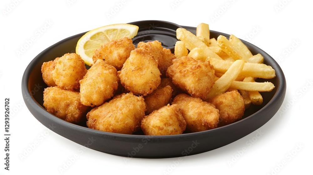 Fried chicken nuggets with french fries served on a plate Fried chicken nuggets with french fries served on a plate