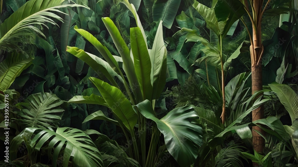 Obraz premium Exotic Tropical Wall with Palm and Banana Leaves