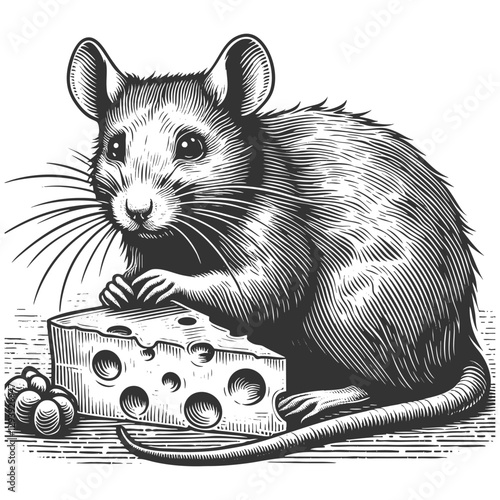 Mouse Eating Cheese Vintage vector illustration